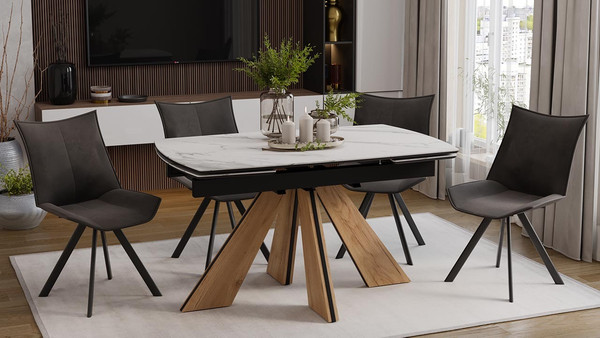 Изображение товара Обеденный стол ТриЯ Палмер Тип 1 (черный муар/дуб галифакс нат/керамика матовая белый мрамор)