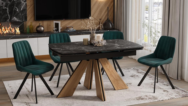 Изображение товара Обеденный стол ТриЯ Палмер Тип 1 (черный муар/дуб галифакс нат/керамика матовая черный мрамор)