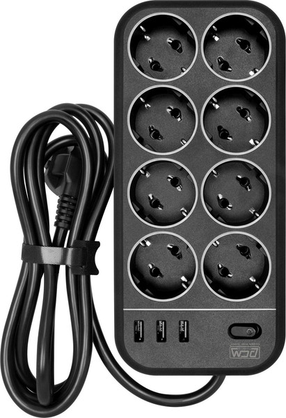 Изображение товара Сетевой фильтр Powercom SP-08 USB03AB (3м, 8 розеток, черный)