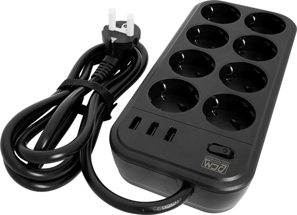 Изображение товара Сетевой фильтр Powercom SP-08 USB03AB (3м, 8 розеток, черный)