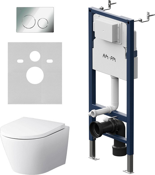 Изображение товара Унитаз подвесной с инсталляцией AM.PM Prime Fit / IS90151.741701 (глянцевый хром, с кнопкой смыва)