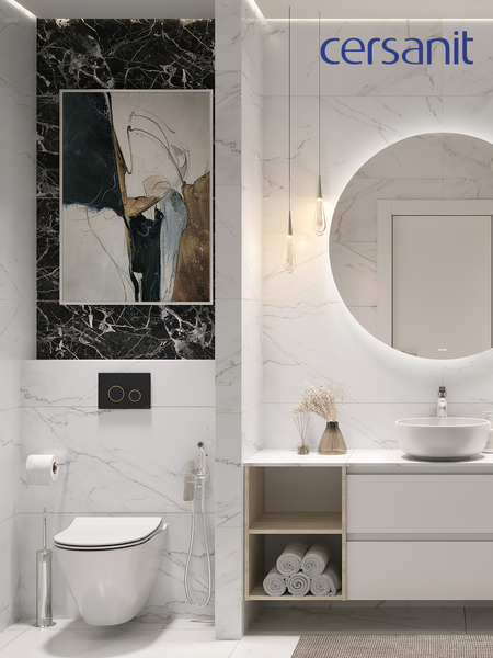 Изображение товара Унитаз подвесной с инсталляцией Cersanit City Smart CO DPL EO Slim (с кнопкой Twins 63534 черный/золото)