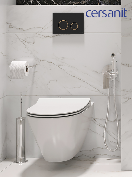 Изображение товара Унитаз подвесной с инсталляцией Cersanit City Smart CO DPL EO Slim (с кнопкой Twins 63534 черный/золото)