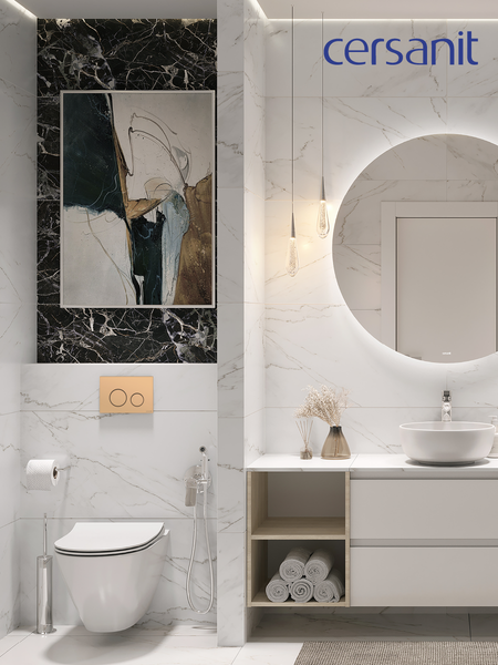 Изображение товара Унитаз подвесной с инсталляцией Cersanit City Smart CO DPL EO Slim (с кнопкой Twins 63524 золото матовый)