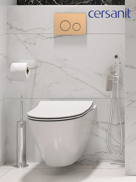 Изображение товара Унитаз подвесной с инсталляцией Cersanit City Smart CO DPL EO Slim (с кнопкой Twins 63524 золото матовый)