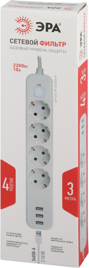 Изображение товара Сетевой фильтр ЭРА USF-4es-3m-3xUSBA-W / Б0059569