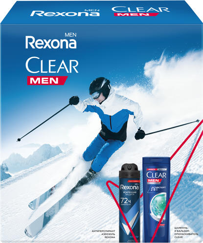 Изображение товара Набор косметики для тела и волос Rexona Clear Абсолютная уверенность Антиперспирант-спрей+Шампунь (150мл+200мл)