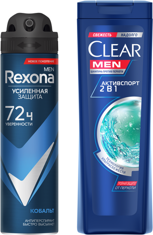 Изображение товара Набор косметики для тела и волос Rexona Clear Абсолютная уверенность Антиперспирант-спрей+Шампунь (150мл+200мл)