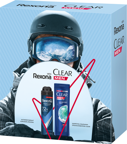 Изображение товара Набор косметики для тела и волос Rexona Clear Абсолютная уверенность Антиперспирант-спрей+Шампунь (150мл+200мл)