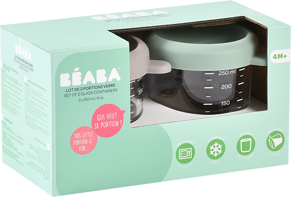 Изображение товара Набор контейнеров для детского питания Beaba Sage Green/Gazelle Lot 2 Portions Verre 914011 (250мл, 2шт)