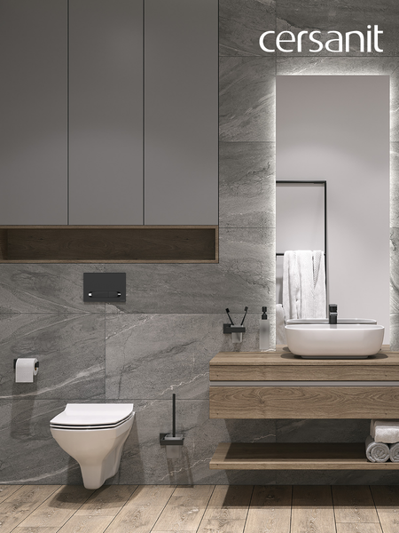 Изображение товара Унитаз подвесной с инсталляцией Cersanit Carina New Clean On с инстал. Link Pro (с кнопкой Estetica 64112 черный/хром)