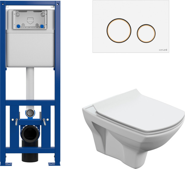 Изображение товара Унитаз подвесной с инсталляцией Cersanit Carina New Clean On с инстал. Link Pro (с кнопкой Twins 63535 белый/золото)