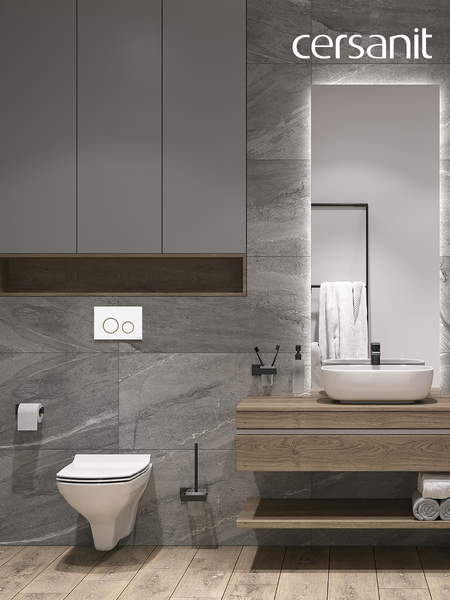 Изображение товара Унитаз подвесной с инсталляцией Cersanit Carina New Clean On с инстал. Link Pro (с кнопкой Twins 63535 белый/золото)