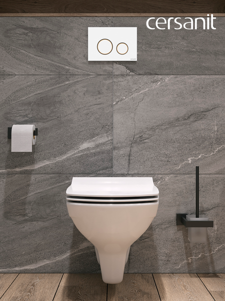 Изображение товара Унитаз подвесной с инсталляцией Cersanit Carina New Clean On с инстал. Link Pro (с кнопкой Twins 63535 белый/золото)