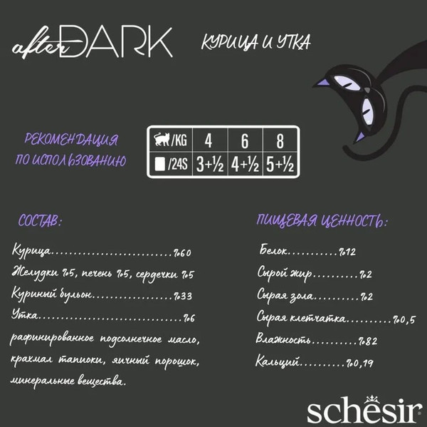 Изображение товара Влажный корм для кошек Schesir After Dark паштет с курицей и уткой (80г)