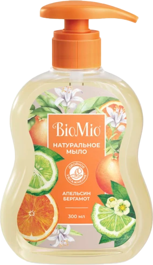 Изображение товара Мыло жидкое BioMio Natural Liquid Soap с эфирными маслами апельсина и бергамота (300мл)
