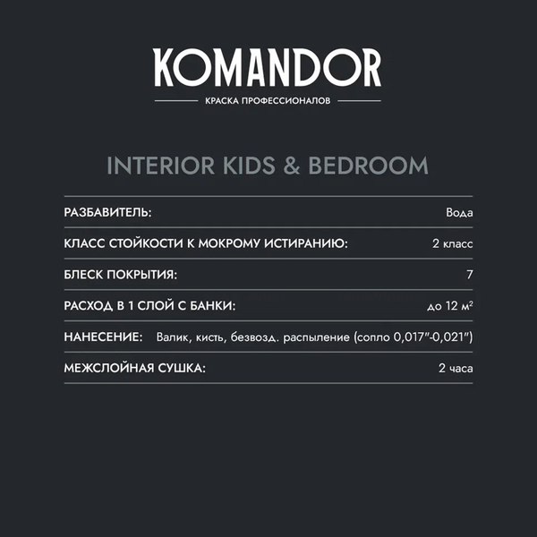 Изображение товара Краска KOMANDOR Interior Kids&Bedroom База А (0.9л)
