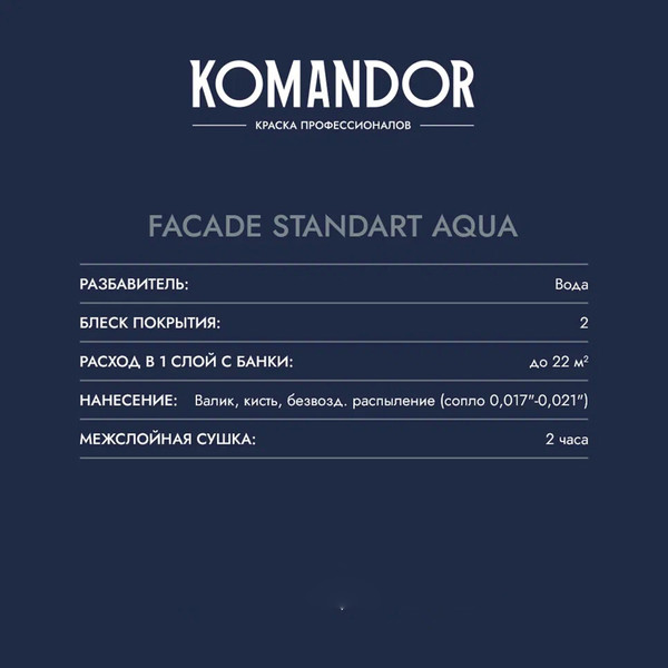 Изображение товара Краска KOMANDOR Facade Standard Aqua База А (2.7л, матовый)