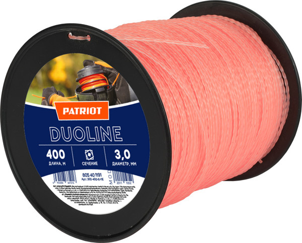 Изображение товара Леска для триммера PATRIOT Duoline 3.0мм 400м (скрученный квадрат, двухцветная, красная жила)