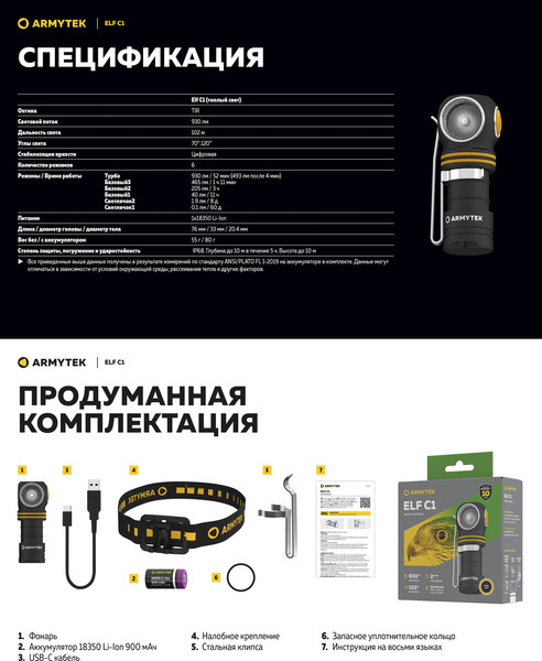 Изображение товара Фонарь Armytek Elf C1 USB-C Warm / F05003W