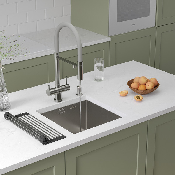 Изображение товара Мойка кухонная Roxen Uno 560210-44 под столешницу с ролл-матом и дозатором (сатин)