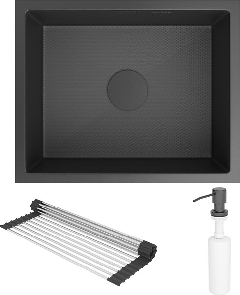 Изображение товара Мойка кухонная Roxen Uno 560210-54BS PVD под столешницу с ролл-матом и дозатором (графит текстурный)