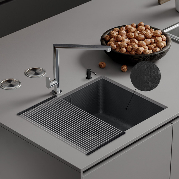 Изображение товара Мойка кухонная Roxen Uno 560210-54BS PVD под столешницу с ролл-матом и дозатором (графит текстурный)