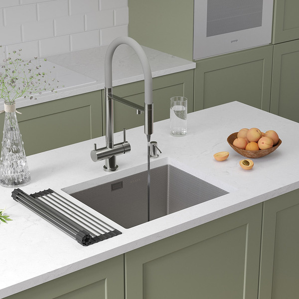 Изображение товара Мойка кухонная Roxen Uno 560210-54S под столешницу с ролл-матом и дозатором (сатин текстурный)