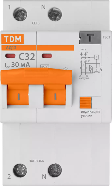 Изображение товара Дифференциальный автомат TDM АД12 2P C32 30мА 4.5кА тип АС 3 мод / SQ0204-0114