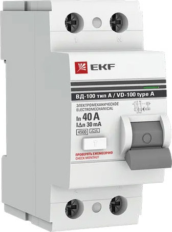Изображение товара Устройство защитного отключения EKF PROxima ВД-100 2P 40А 30мА тип A / elcb-2-40-30-em-a-pro