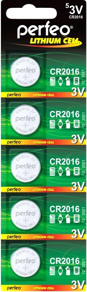 Изображение товара Комплект батареек Perfeo Lithium Cell 100 PF CR2016/5BL