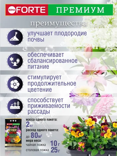 Изображение товара Удобрение Bona Forte Конское Премиум с цеолитом и аминокисл. Супер цветы BF22010991 (2кг)