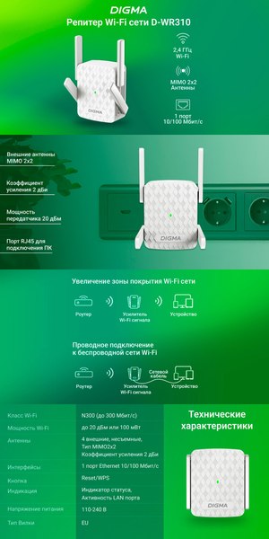 Изображение товара Усилитель беспроводного сигнала Digma D-WR310 / D-WR310V2 (белый)