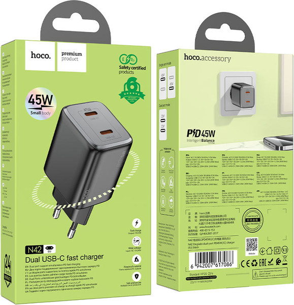 Изображение товара Адаптер питания сетевой Hoco N42 Elogiado 45W 3A+2.25A (PD+QC+AFC) 2xUSB Type-C (черный)