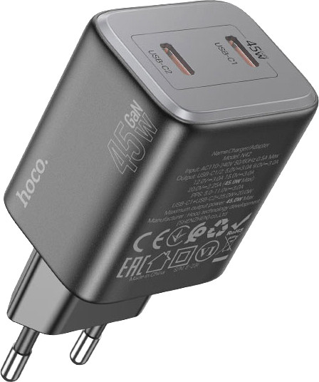 Изображение товара Адаптер питания сетевой Hoco N42 Elogiado 45W 3A+2.25A (PD+QC+AFC) 2xUSB Type-C (черный)