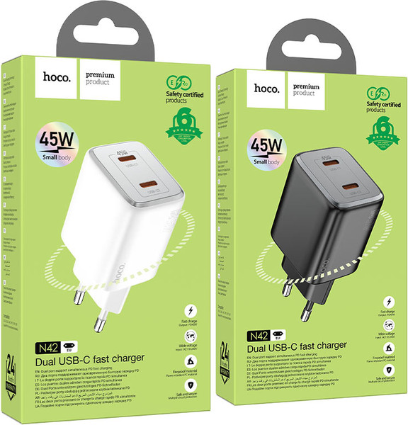 Изображение товара Адаптер питания сетевой Hoco N42 Elogiado 45W 3A+2.25A (PD+QC+AFC) 2xUSB Type-C (черный)