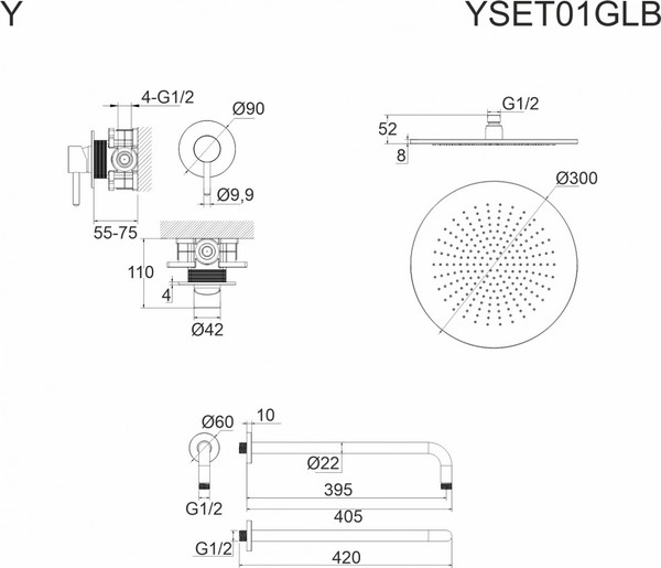 Изображение товара Душевая система со смесителем Whitecross Y YSET01GLB (брашированное золото)