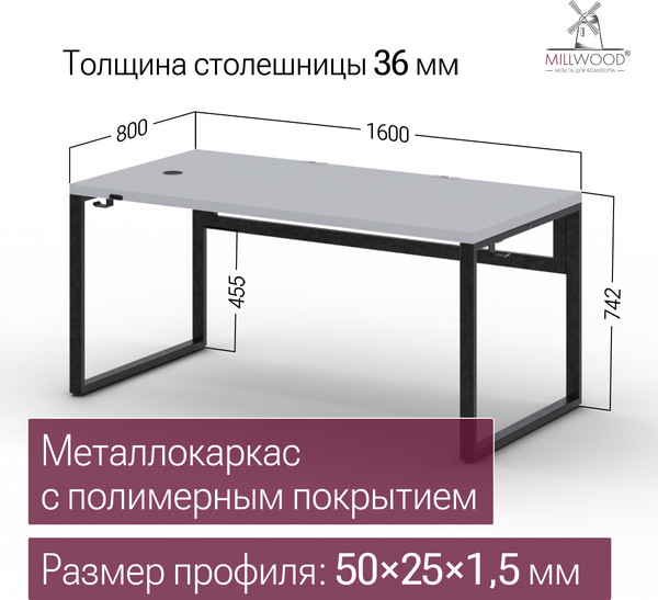 Изображение товара Компьютерный стол Millwood Каир Смарт 160x80x74.2 (белый/металл черный)