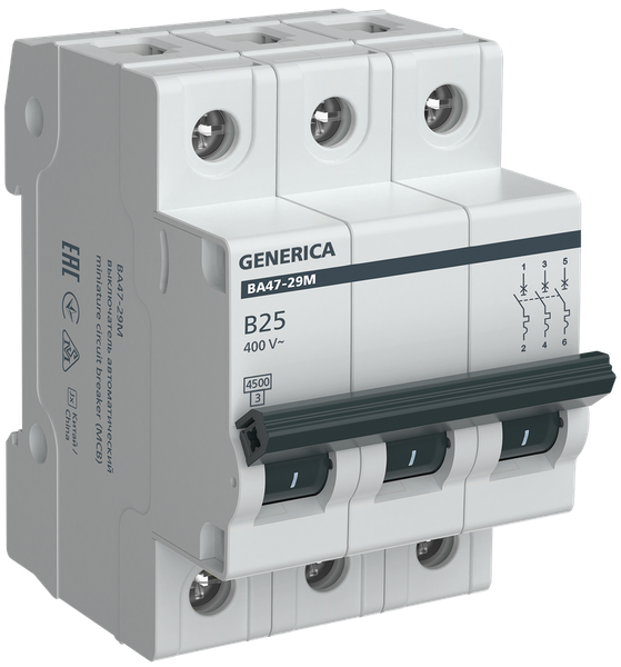 Изображение товара Выключатель автоматический Generica ВА47-29М 3P 25А 4.5кА B / MVA21-3-025-B-G