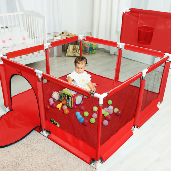 Изображение товара Игровой манеж Solmax&Kids С шариками и баскетбольным кольцом / ZV97039 (красный)