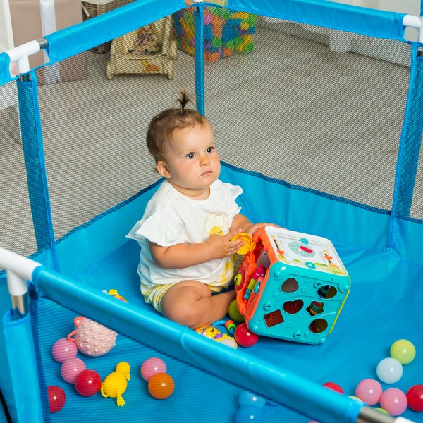 Изображение товара Игровой манеж Solmax&Kids С шариками и баскетбольным кольцом / ZV97040 (синий)