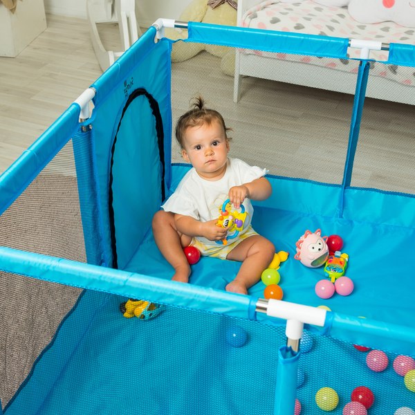Изображение товара Игровой манеж Solmax&Kids С шариками и баскетбольным кольцом / ZV97040 (синий)