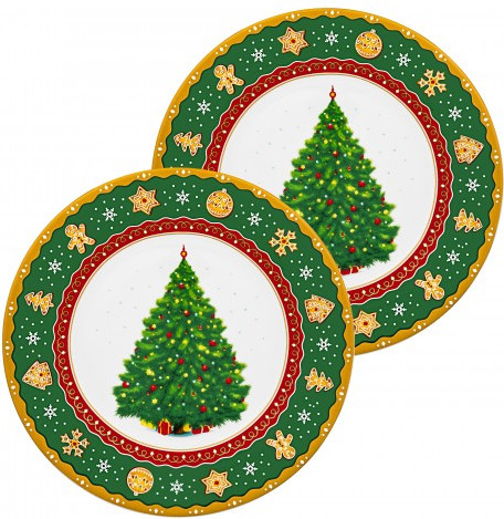 Изображение товара Набор тарелок Elan Gallery Новогодняя елка для десертов / 420679 (зеленый/узор New Bone China)