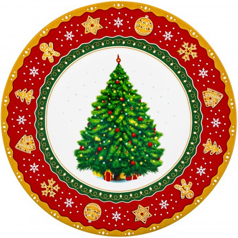 Изображение товара Набор тарелок Elan Gallery Новогодняя елка / 420680 (красный/узор New Bone China)
