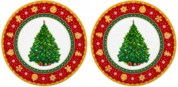 Изображение товара Набор тарелок Elan Gallery Новогодняя елка / 420680 (красный/узор New Bone China)
