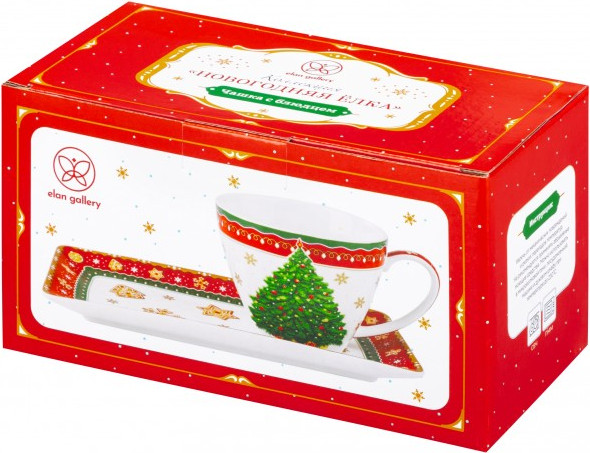 Изображение товара Чашка с блюдцем Elan Gallery Новогодняя елка / 420697 (красный узор)