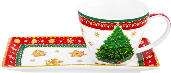 Изображение товара Чашка с блюдцем Elan Gallery Новогодняя елка / 420697 (красный узор)