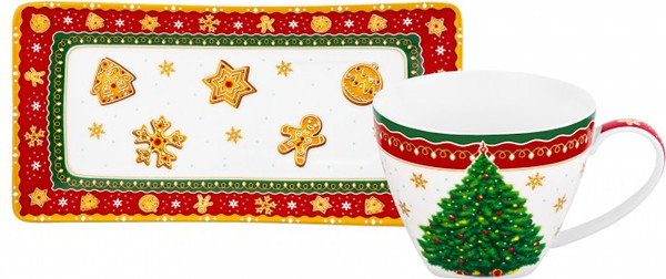 Изображение товара Чашка с блюдцем Elan Gallery Новогодняя елка / 420697 (красный узор)