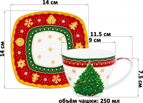 Изображение товара Чашка с блюдцем Elan Gallery Новогодняя елка / 420733 (красный узор)