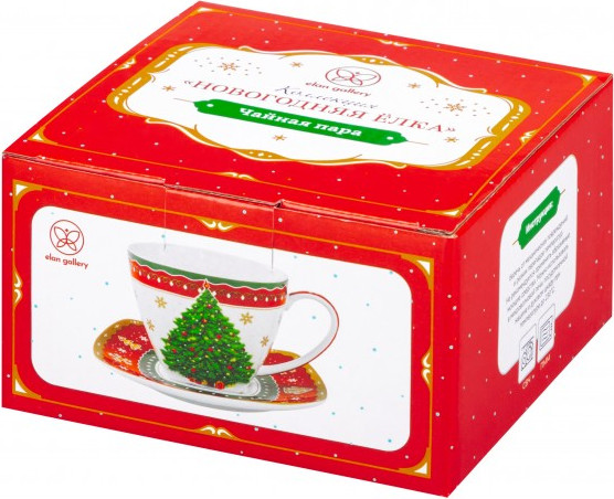 Изображение товара Чашка с блюдцем Elan Gallery Новогодняя елка / 420733 (красный узор)